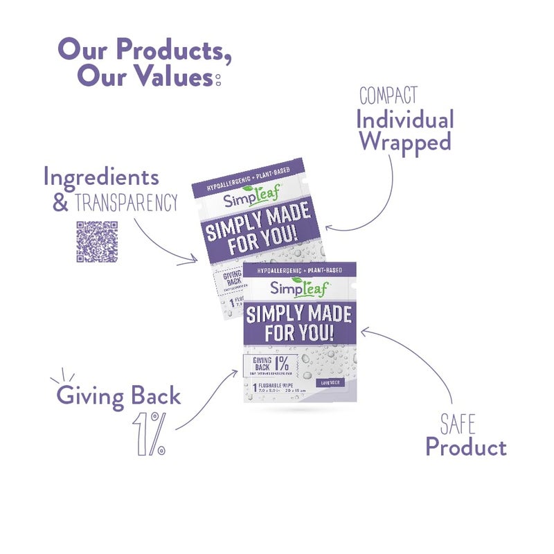 Simpleaf Flushable Lavender Single Pack Wet Wipes | Eco-Friendly Paraben & Alcohol Free | Hypoallergenic & Safe for Sensitive Skin | Soothing Aloe Vera Formula | (30 Single Pack Wipes) - Image 3